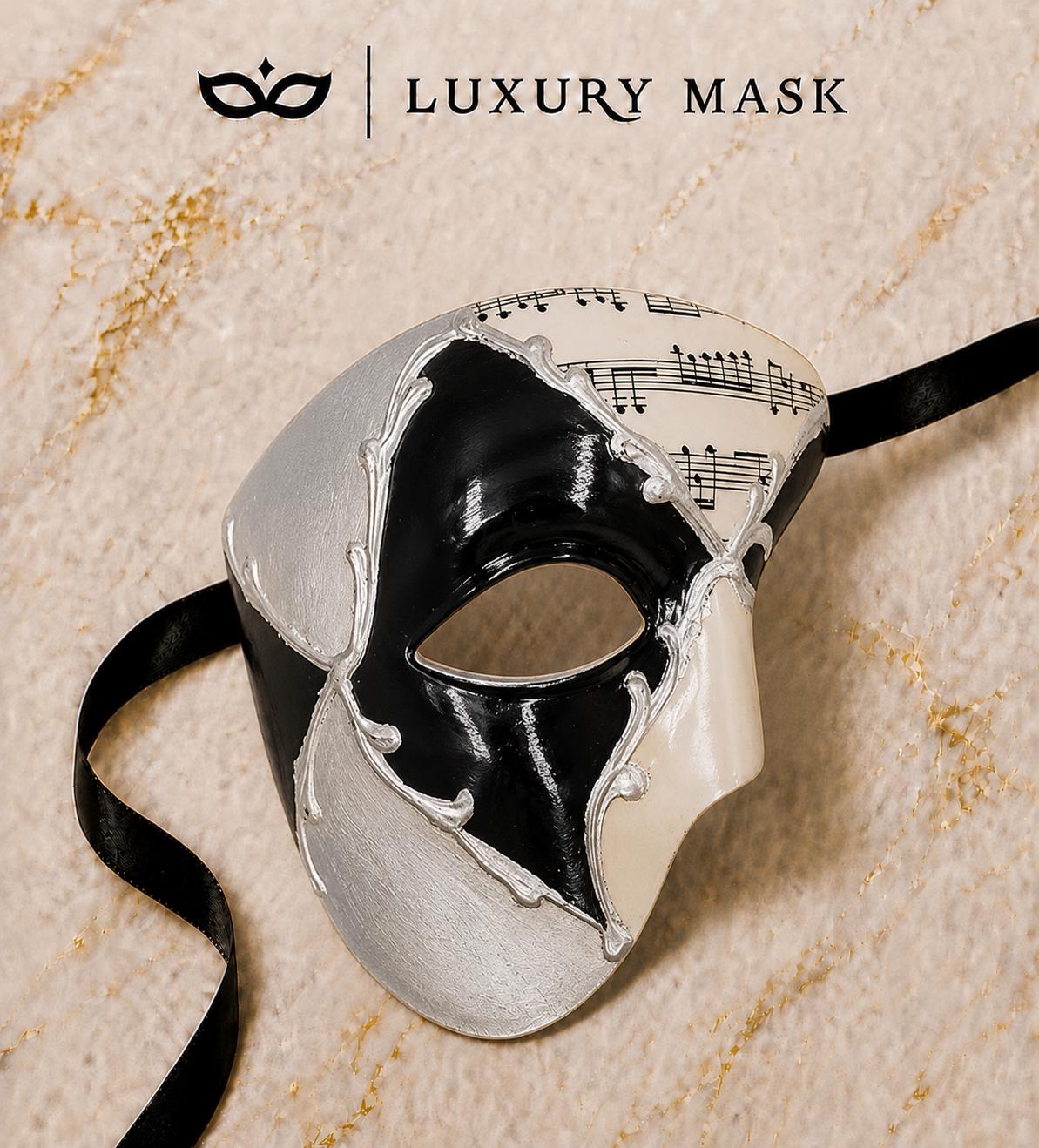 Black Masquerade Mask for Men - Silver Musical Phantom One-Eye Venetian Mask - Image 5