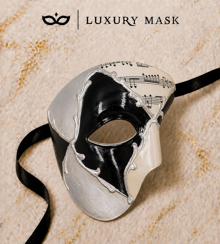 Black Masquerade Mask for Men - Silver Musical Phantom One-Eye Venetian Mask - Image 5