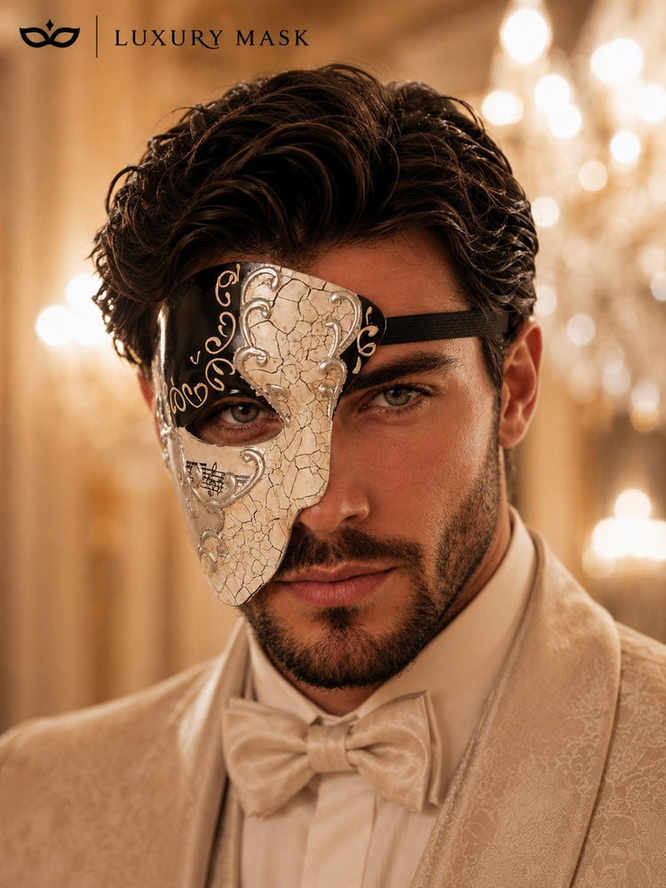 Black Masquerade Mask for Men - Silver Musical Phantom Mask with Crack Detailing - Image 2