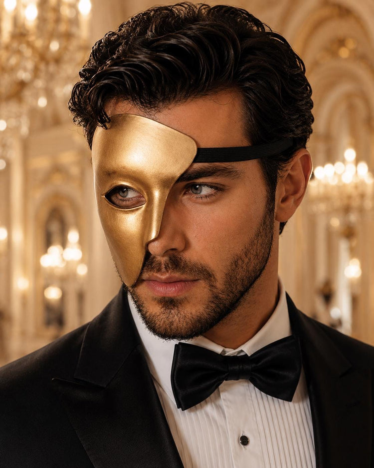 Gold Masquerade Mask for Men - Phantom of the Opera One-Eye Venetian Design - Image 2