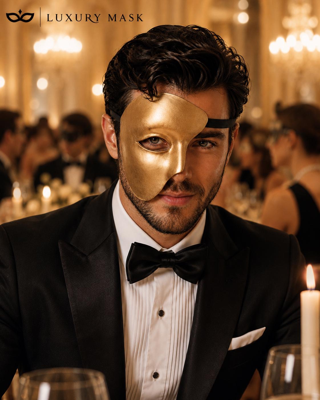 Gold Masquerade Mask for Men - Phantom of the Opera One-Eye Venetian Design - Image 3