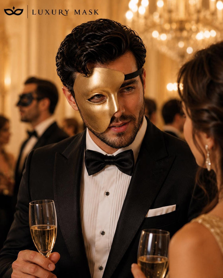Gold Masquerade Mask for Men - Phantom of the Opera One-Eye Venetian Design - Image 4