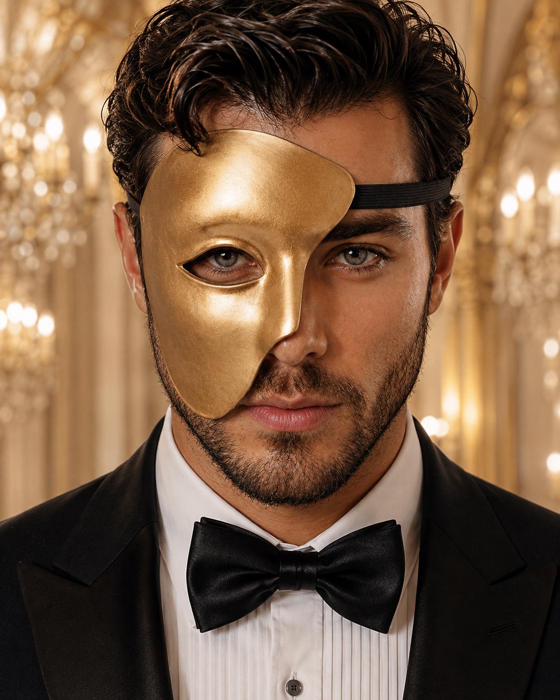 Gold Masquerade Mask for Men - Phantom of the Opera One-Eye Venetian Design