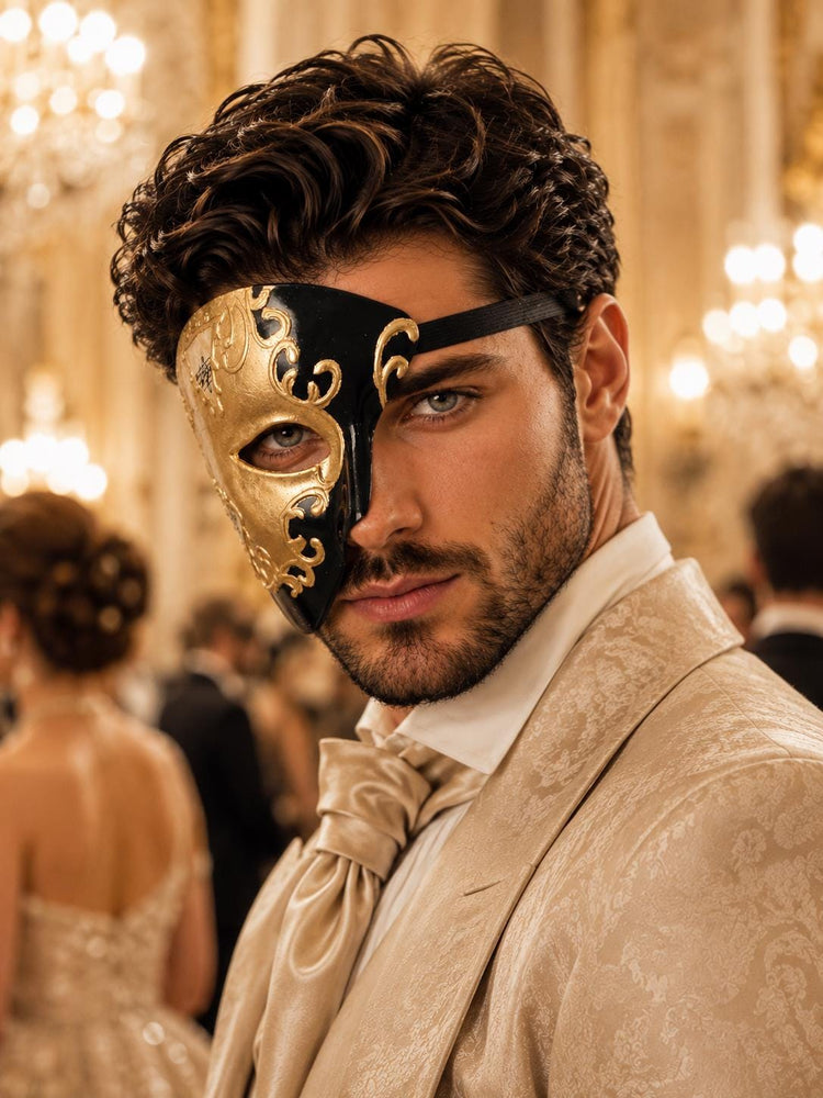 Black Masquerade Mask for Men - Gold Musical Phantom One-Eye Venetian Mask - Image 2