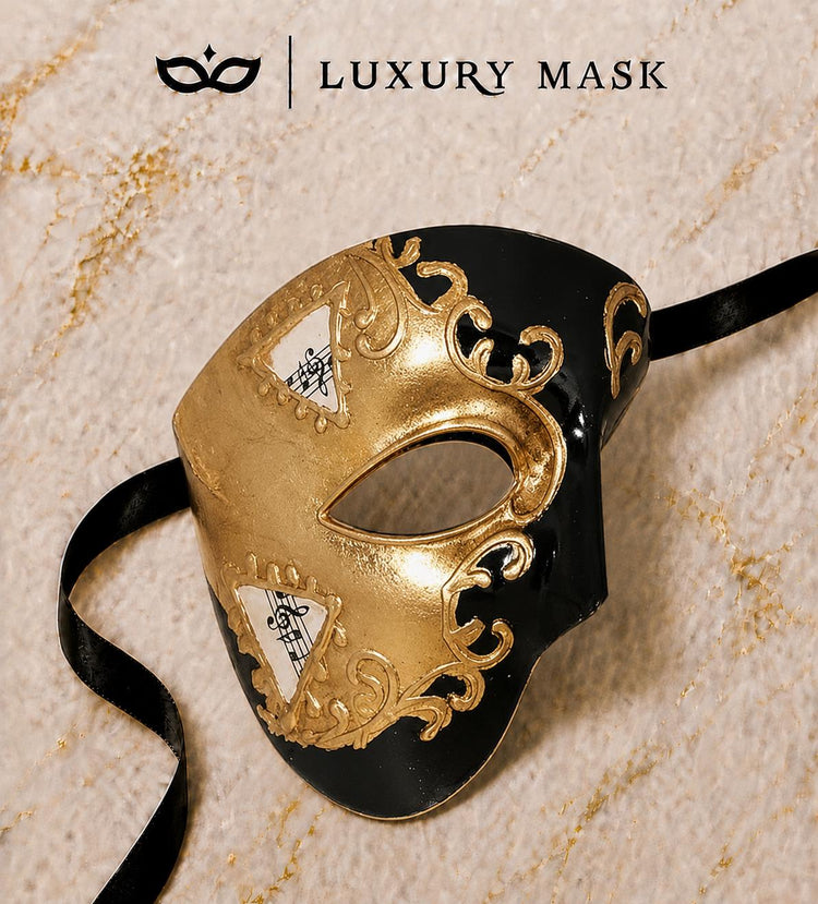 Black Masquerade Mask for Men - Gold Musical Phantom One-Eye Venetian Mask - Image 5