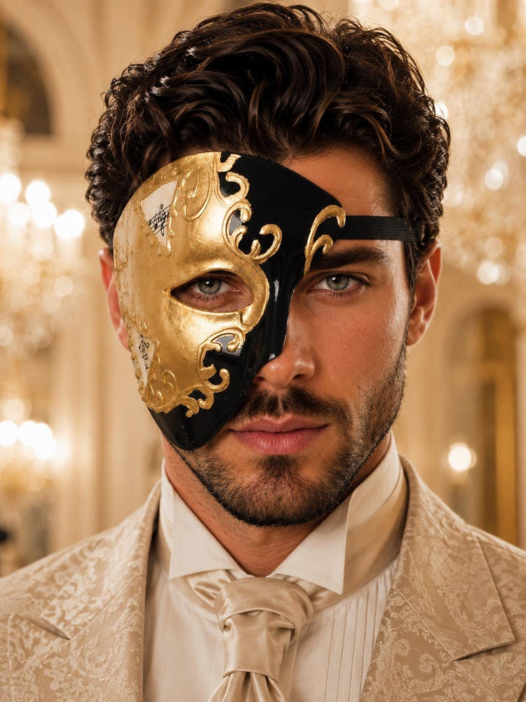 Black Masquerade Mask for Men - Gold Musical Phantom One-Eye Venetian Mask