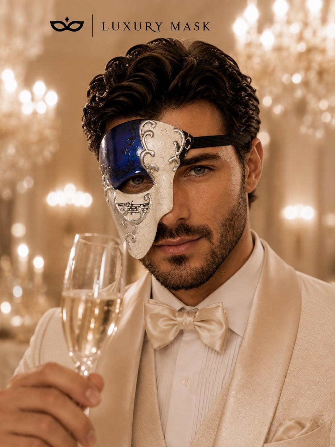 Blue Masquerade Mask for Men - Silver Musical Phantom Mask with Crack Detailing - Image 4