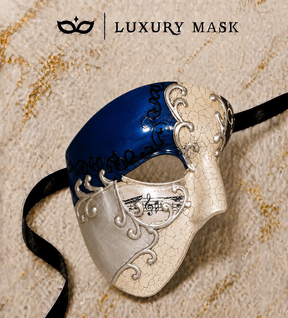 Blue Masquerade Mask for Men - Silver Musical Phantom Mask with Crack Detailing - Image 5
