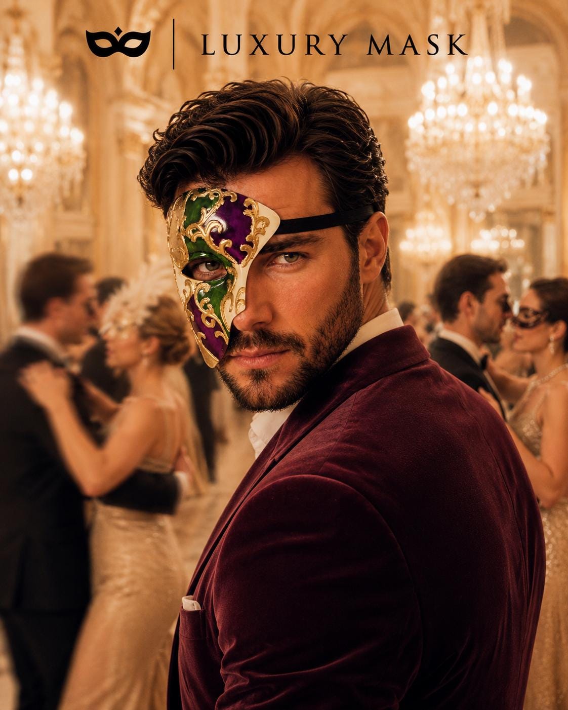 Purple Masquerade Mask for Men - Gold and Green One-Eye Phantom Design - Image 4