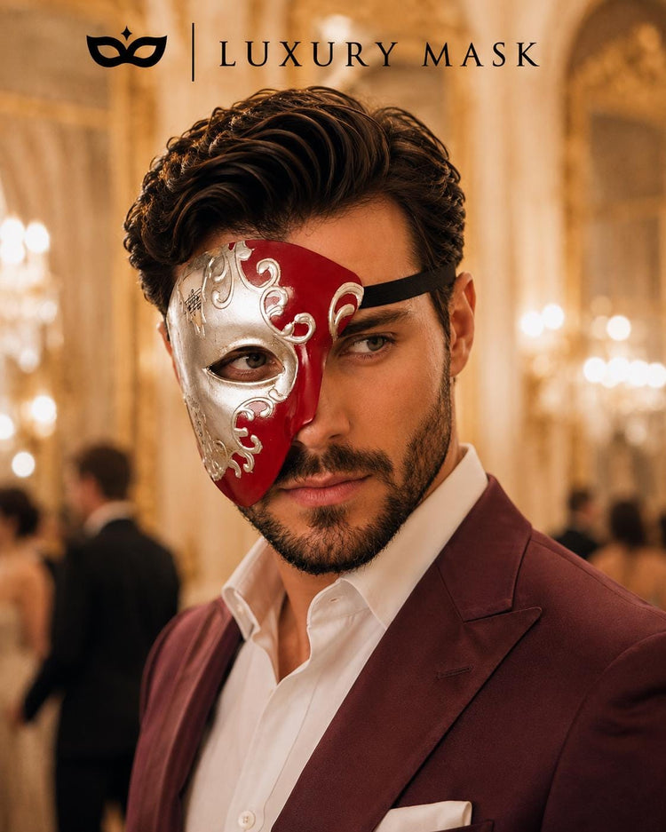Red Masquerade Mask for Men - Silver Musical Phantom One-Eye Venetian Mask - Image 2