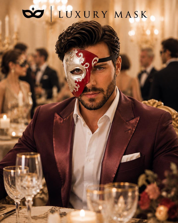 Red Masquerade Mask for Men - Silver Musical Phantom One-Eye Venetian Mask - Image 4