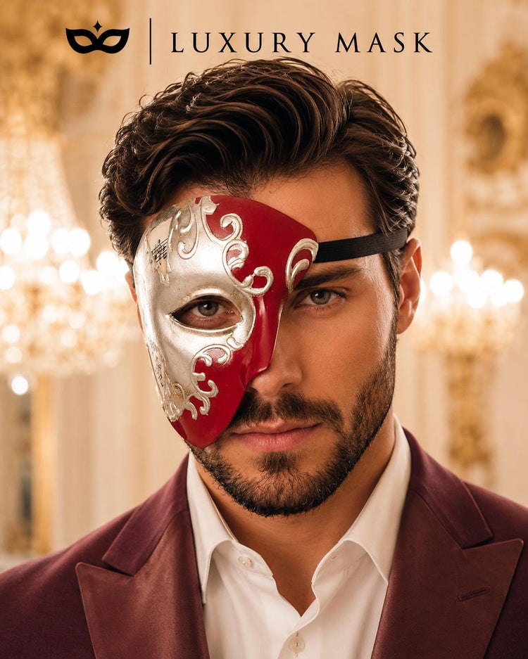 Red Masquerade Mask for Men - Silver Musical Phantom One-Eye Venetian Mask