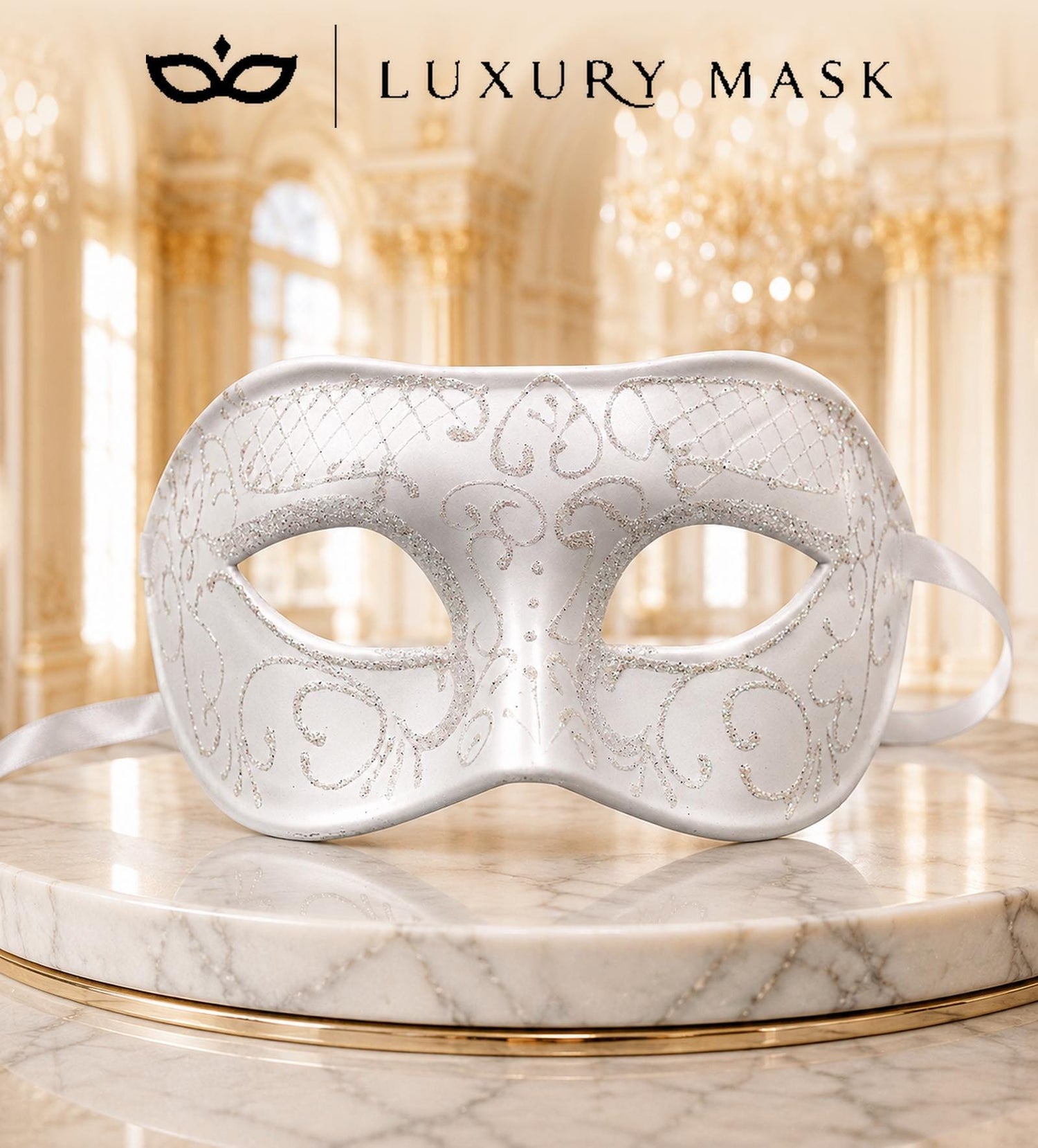 White Masquerade Mask for Men - Glitter Classic Venetian Half Face Design - Image 5