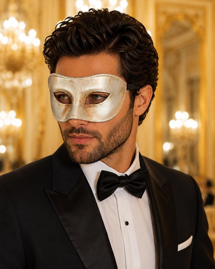 Silver Masquerade Mask for Men - Classic Venetian Half Face Design - Image 2