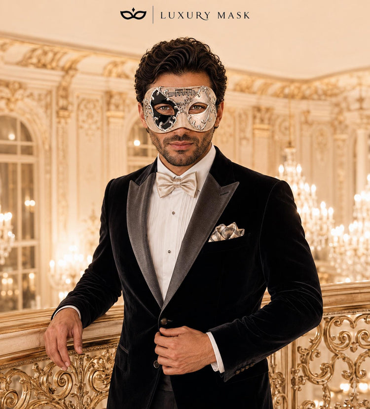 Black Masquerade Mask for Men - Silver Musical Venetian Sheet Music Design - Image 3