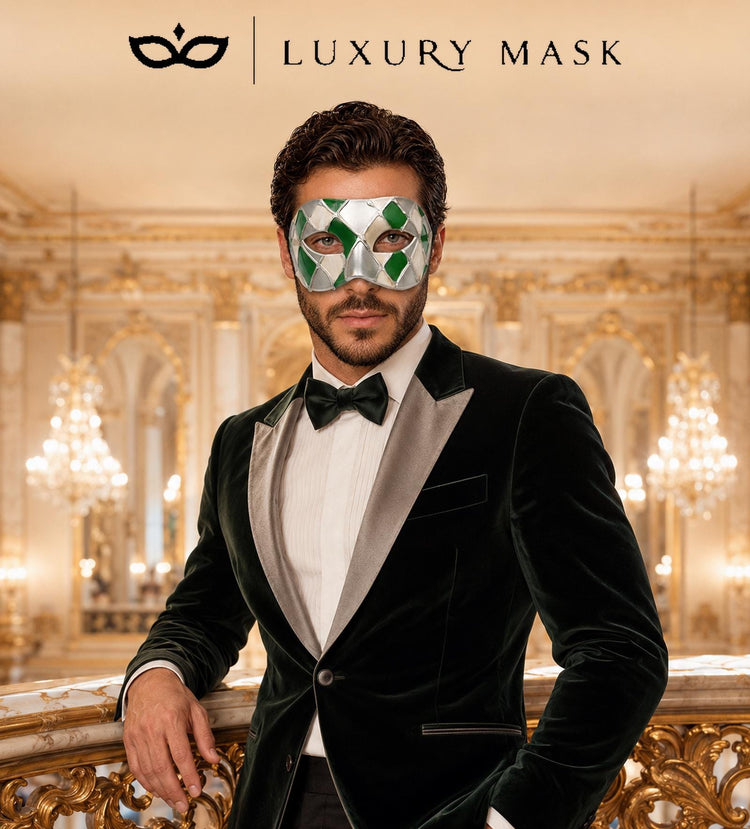 Green Masquerade Mask for Men - Silver Checkered Venetian Diamond Design - Image 3