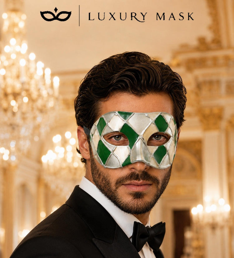 Green Masquerade Mask for Men - Silver Checkered Venetian Diamond Design - Image 2