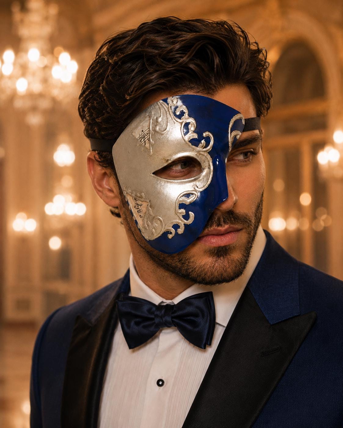 Blue Masquerade Mask for Men - Silver Musical Phantom One-Eye Venetian Mask - Image 3