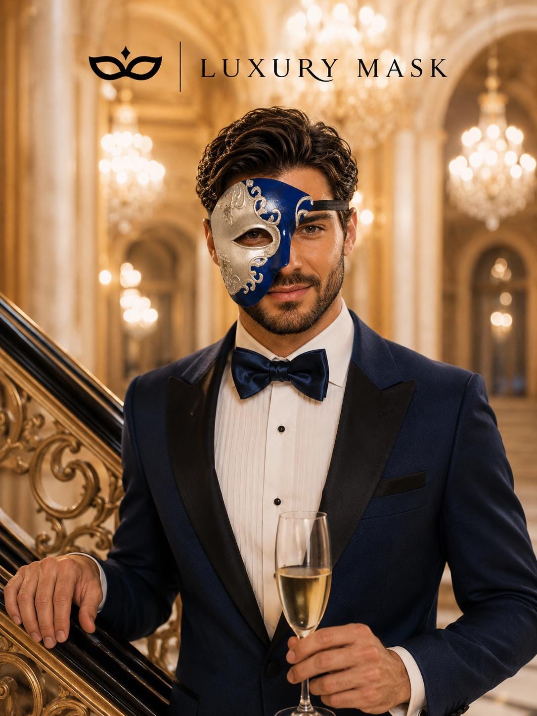 Blue Masquerade Mask for Men - Silver Musical Phantom One-Eye Venetian Mask - Image 4