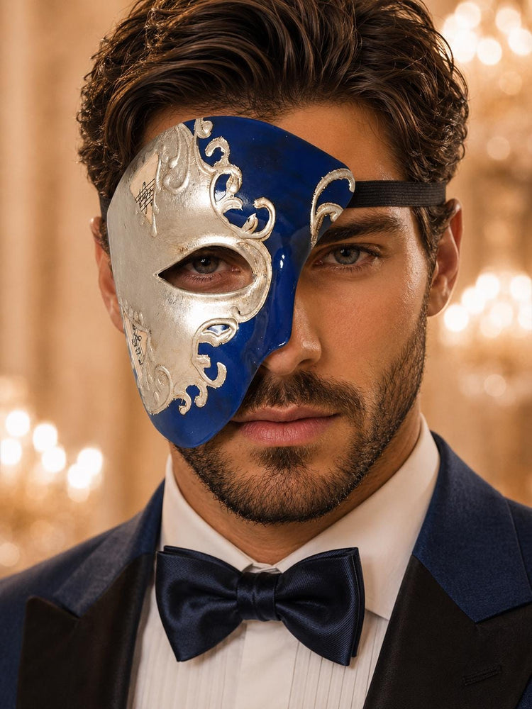 Blue Masquerade Mask for Men - Silver Musical Phantom One-Eye Venetian Mask