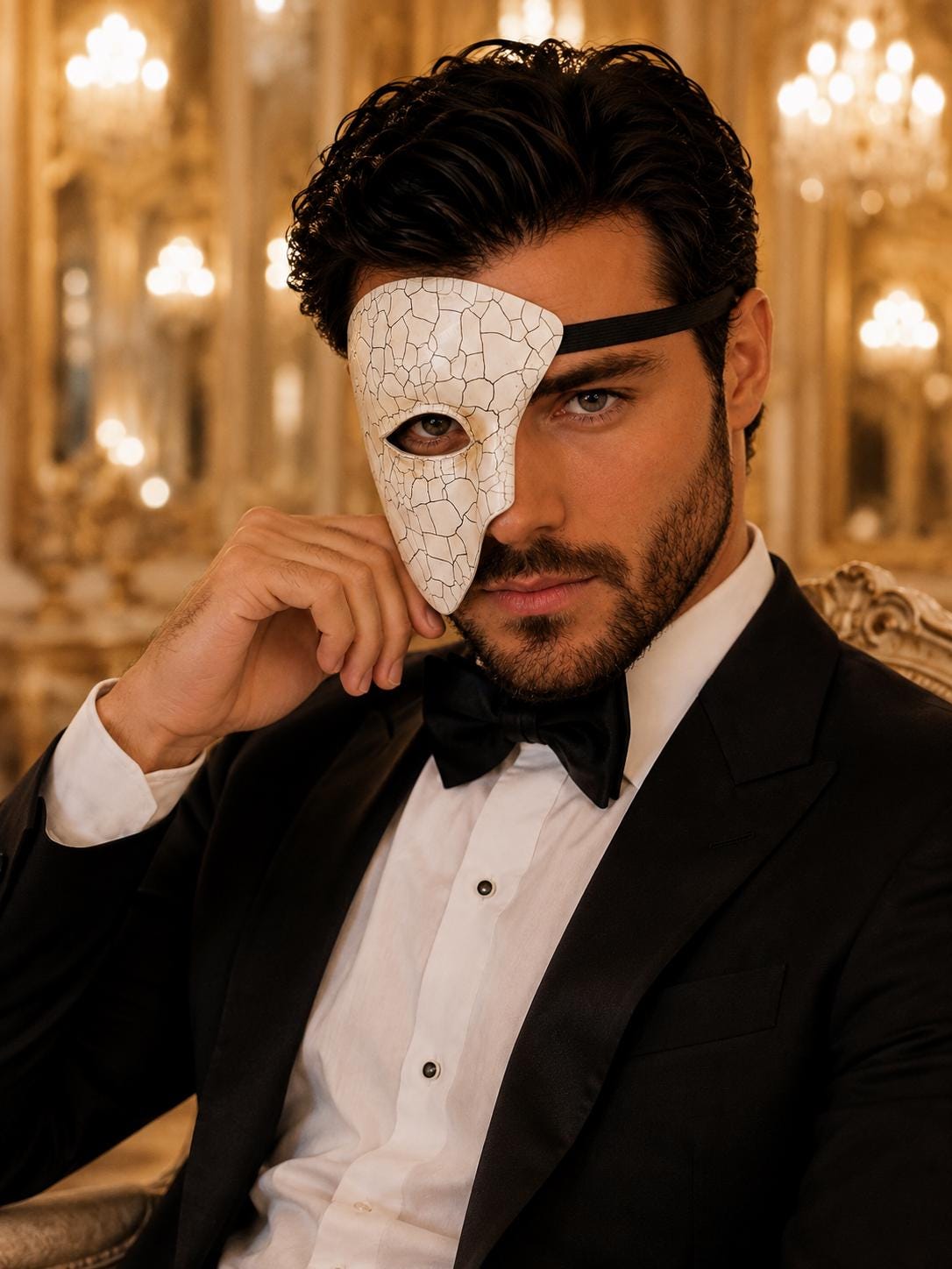White Masquerade Mask for Men - Phantom of the Opera One-Eye Mask with Crack Detailing - Image 2
