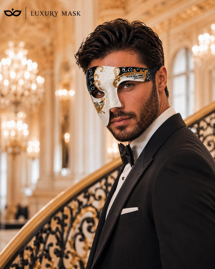 Black Gold Antique-Style Phantom of the Opera Half Face Venetian Masquerade Mask for Men | Vintage Mask for Mardi Gras, Halloween & Costume Parties product view 3