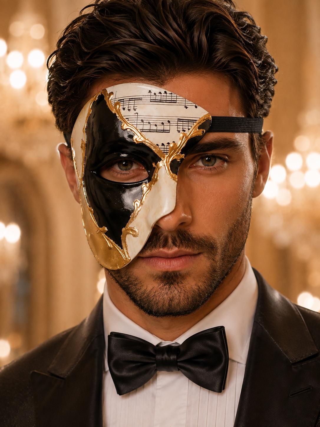 Black and Gold Musical Phantom Masquerade Mask for Men - front view