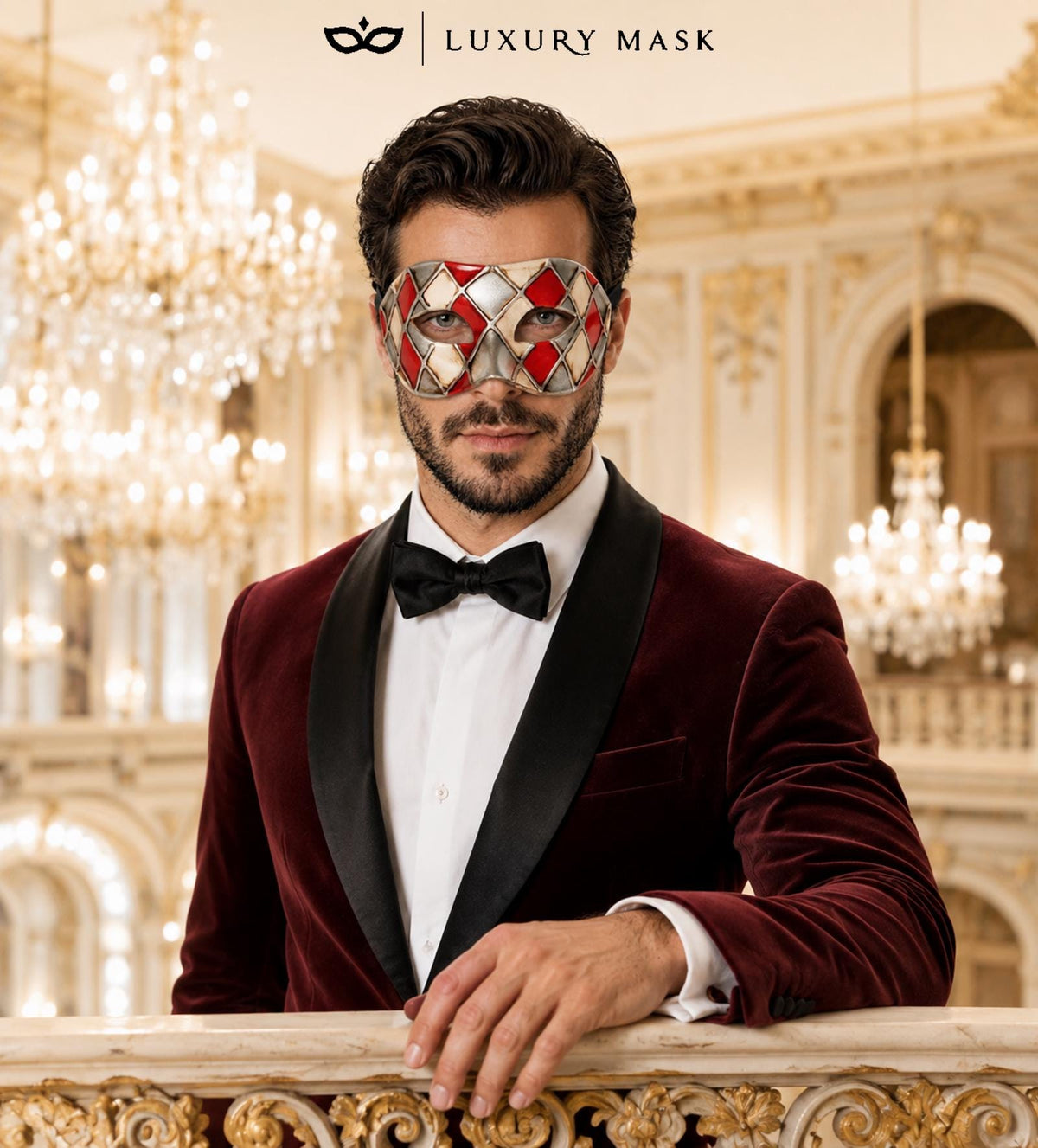 Red and Silver Checkered Masquerade Mask for Men - view 3