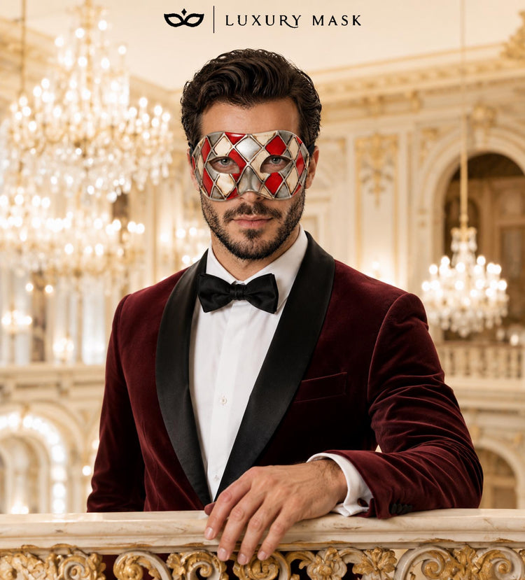 Red & Gold Checkered Venetian Mask for Men – Classic Masquerade Face Mask with Diamond Pattern - image 3