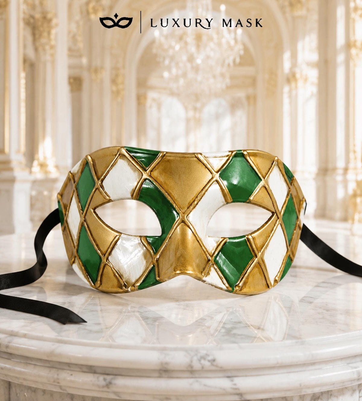 Green, White and Gold Checkered Masquerade Mask for Men - view 5