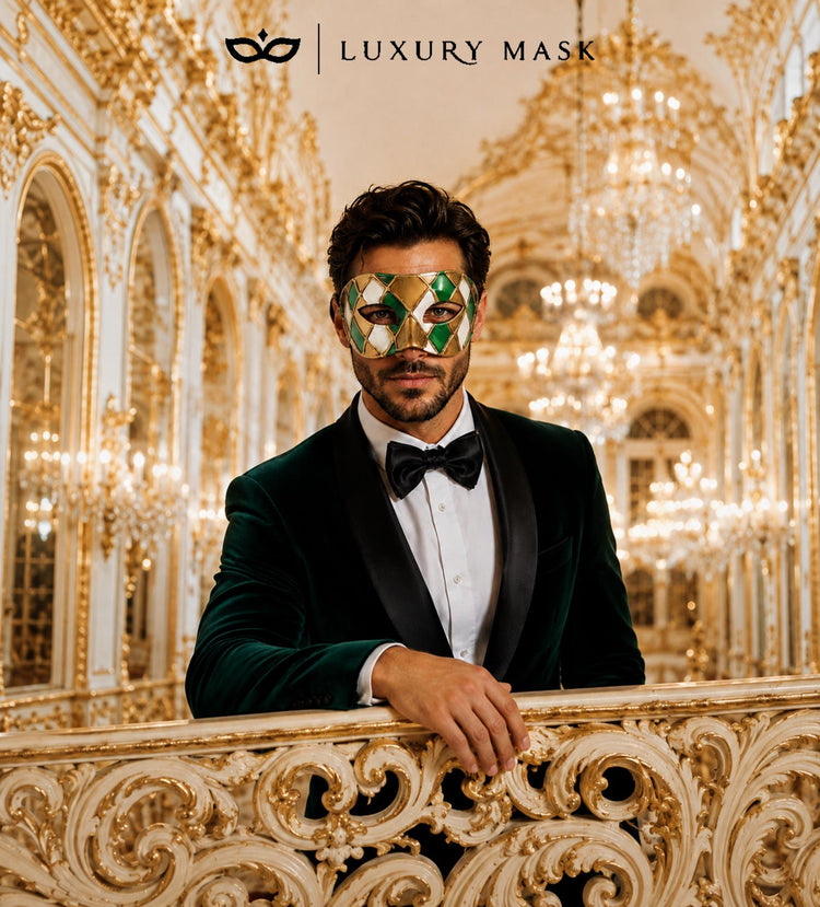 Green, White and Gold Checkered Masquerade Mask for Men - view 3