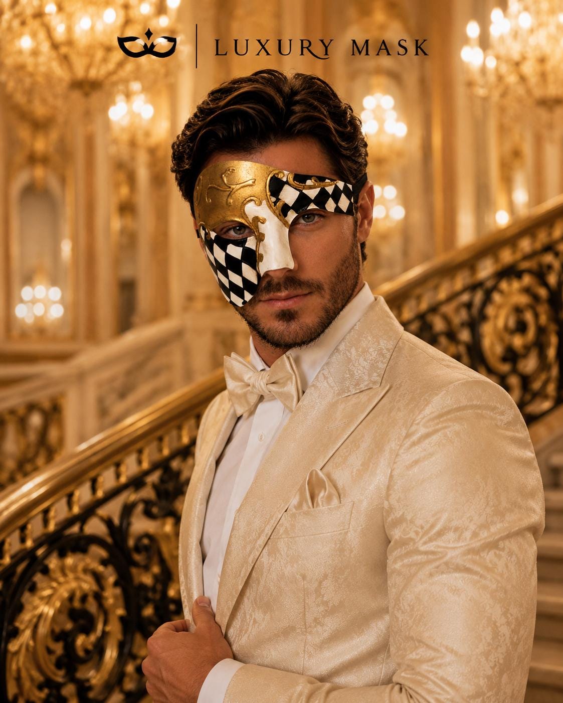 Black Gold Checkered Masquerade Mask for Men