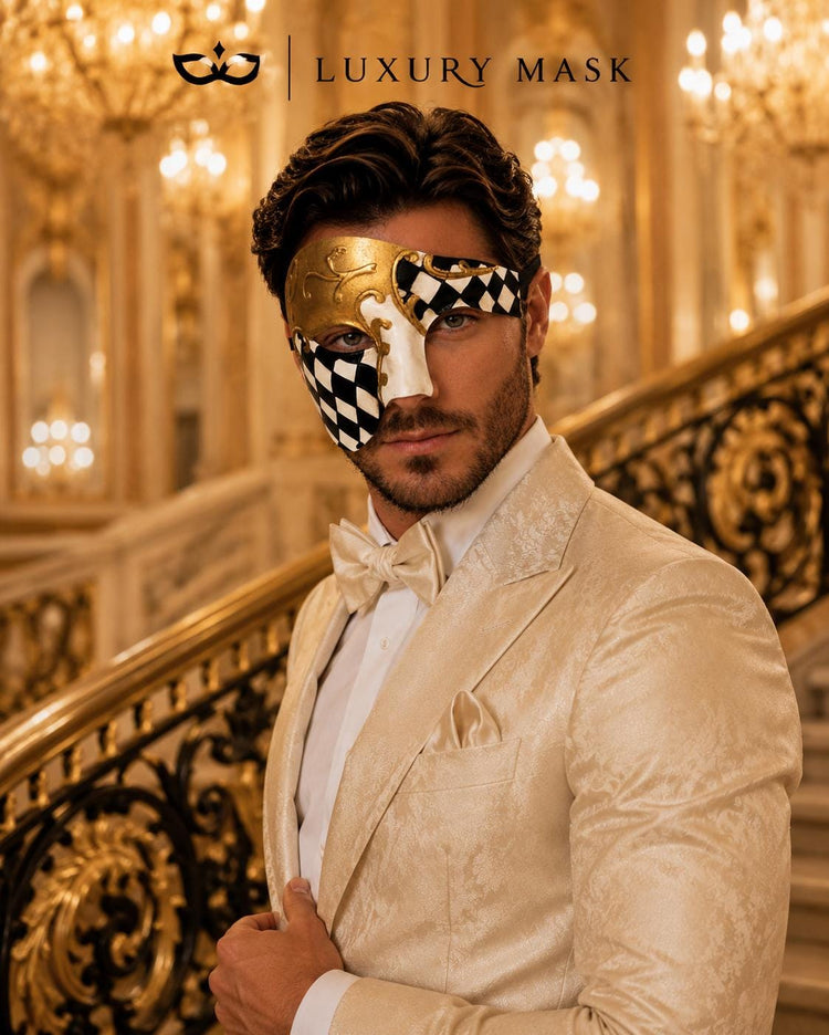 Black Gold Checkered Masquerade Mask for Men