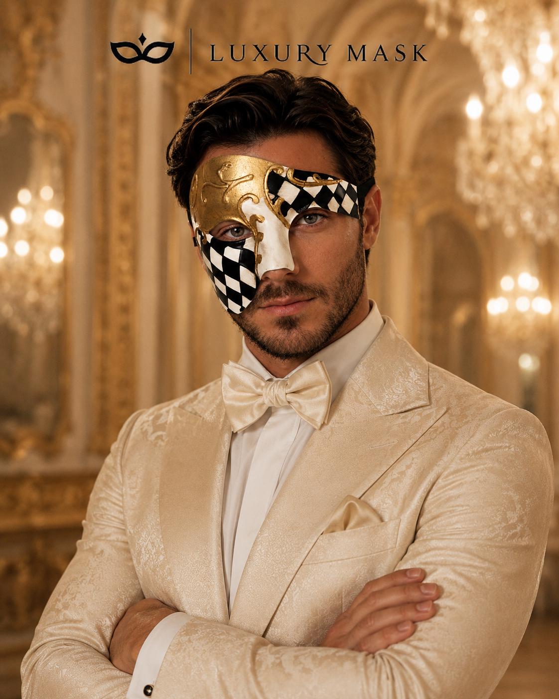 Black Gold Checkered Masquerade Mask for Men