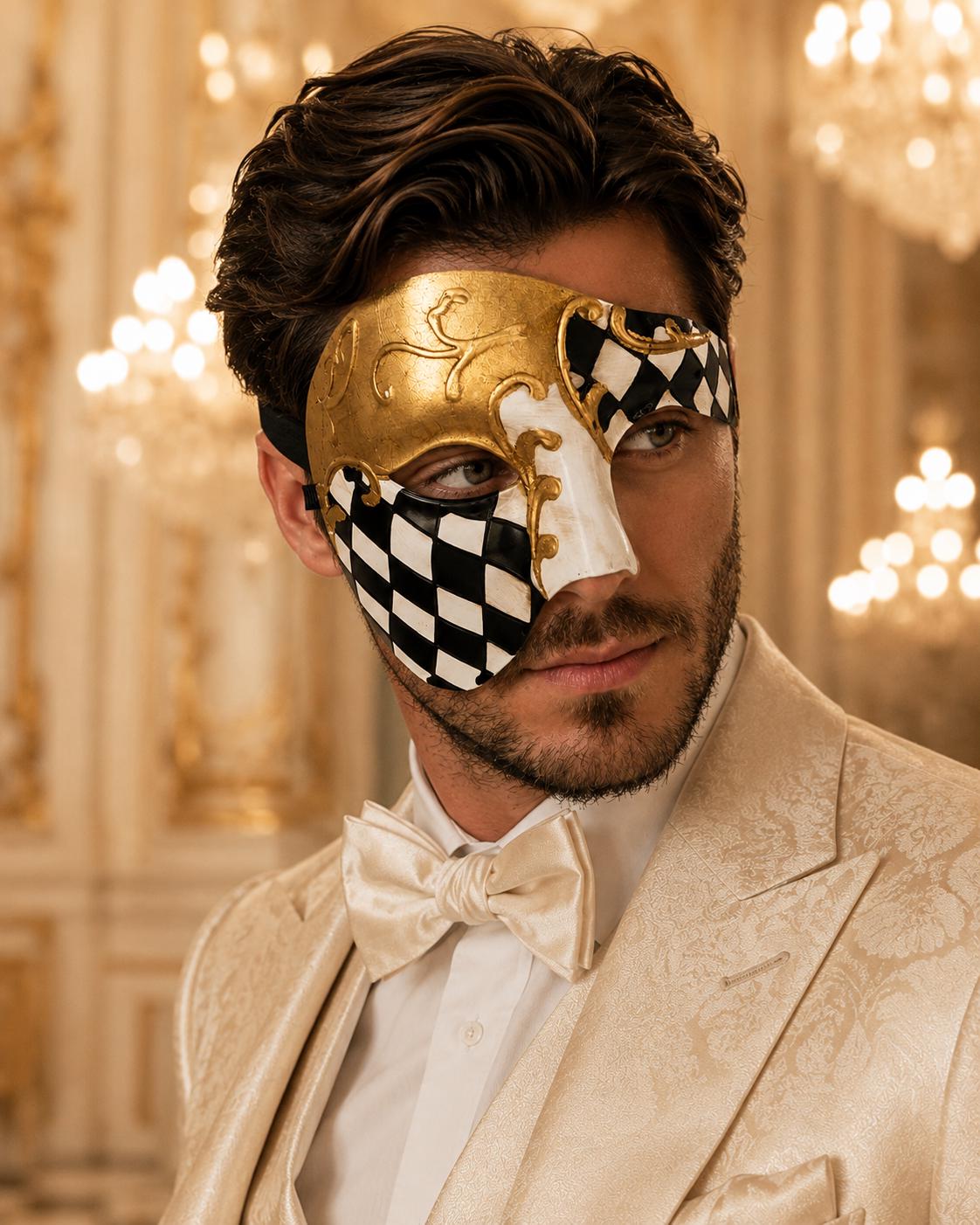Black Gold Checkered Masquerade Mask for Men