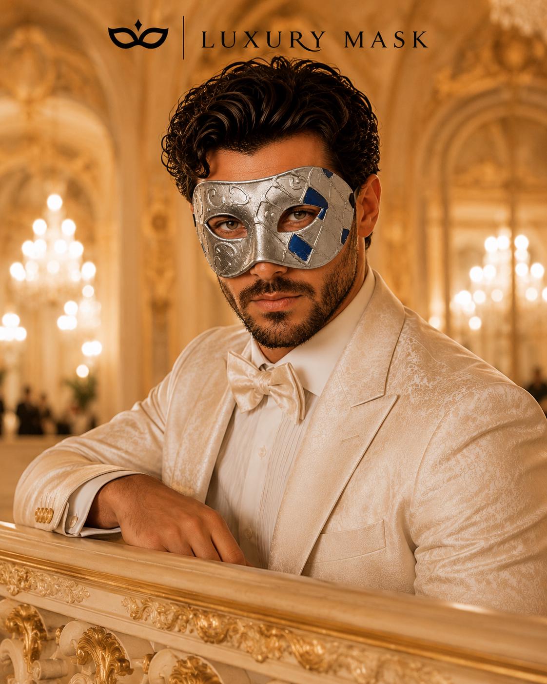 Antique Blue & Silver Venetian Masquerade Mask for Men