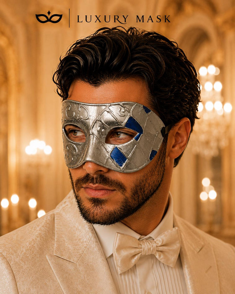 Antique Blue & Silver Venetian Masquerade Mask for Men
