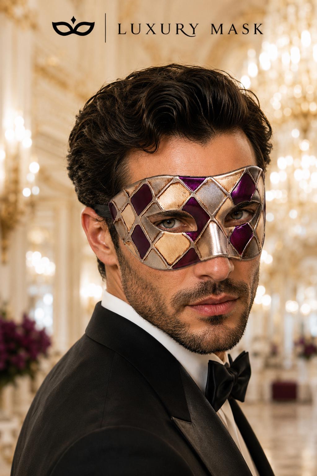 Purple & Silver Checkered Venetian Masquerade Mask for Men