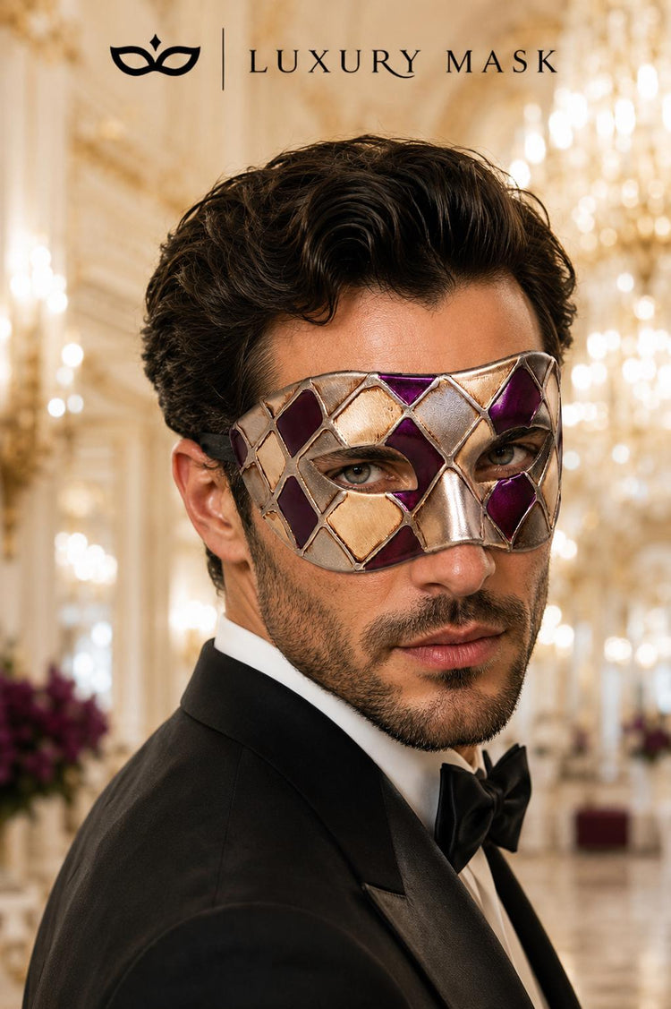 Purple & Silver Checkered Venetian Masquerade Mask for Men