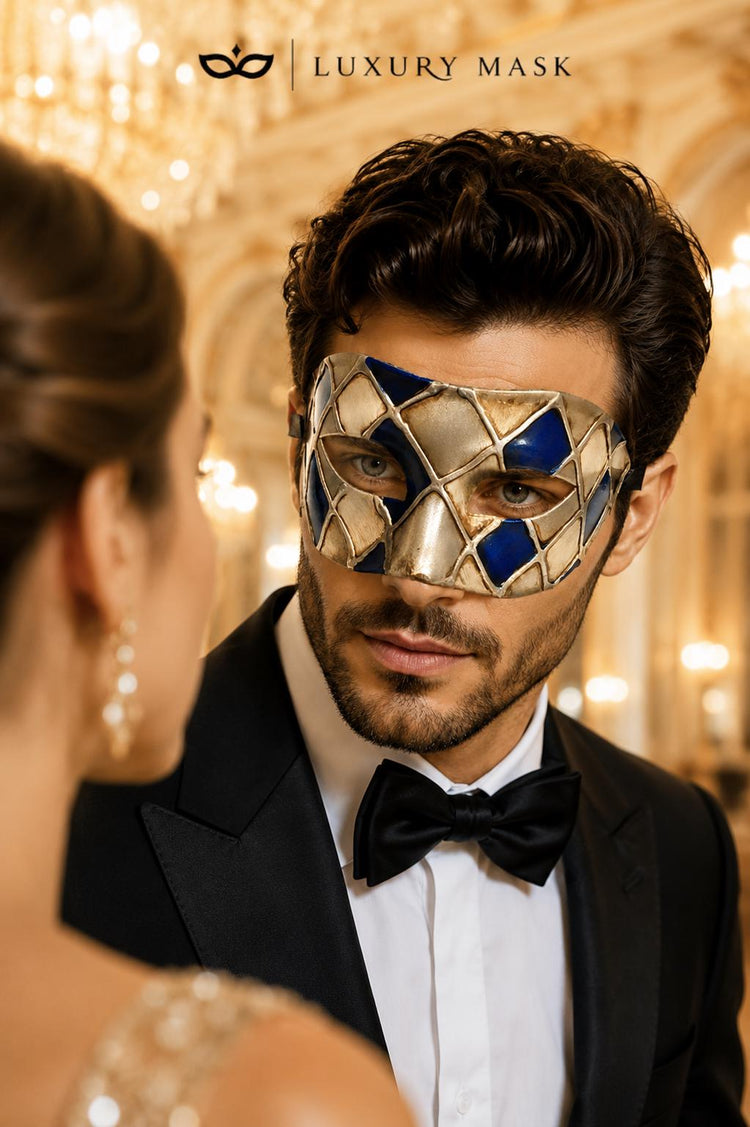 Blue & Silver Checkered Venetian Masquerade Mask for Men