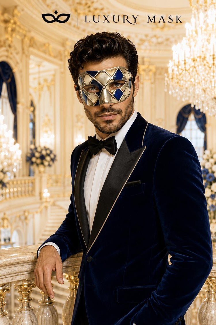 Blue & Silver Checkered Venetian Masquerade Mask for Men