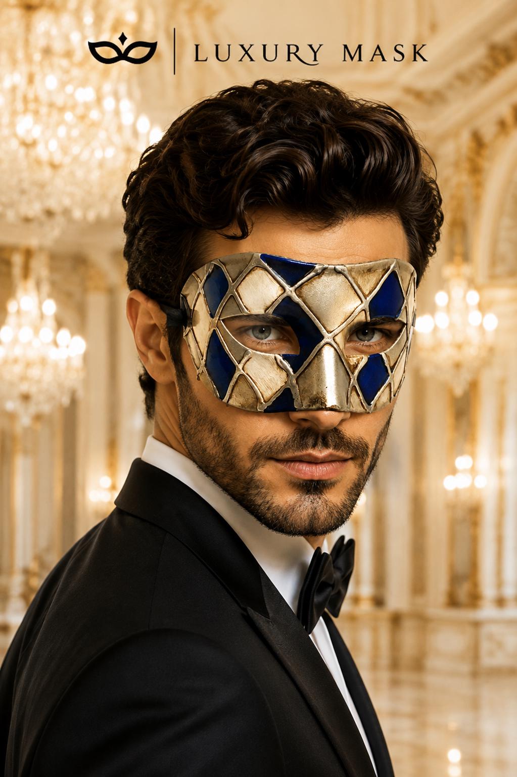Blue & Silver Checkered Venetian Masquerade Mask for Men