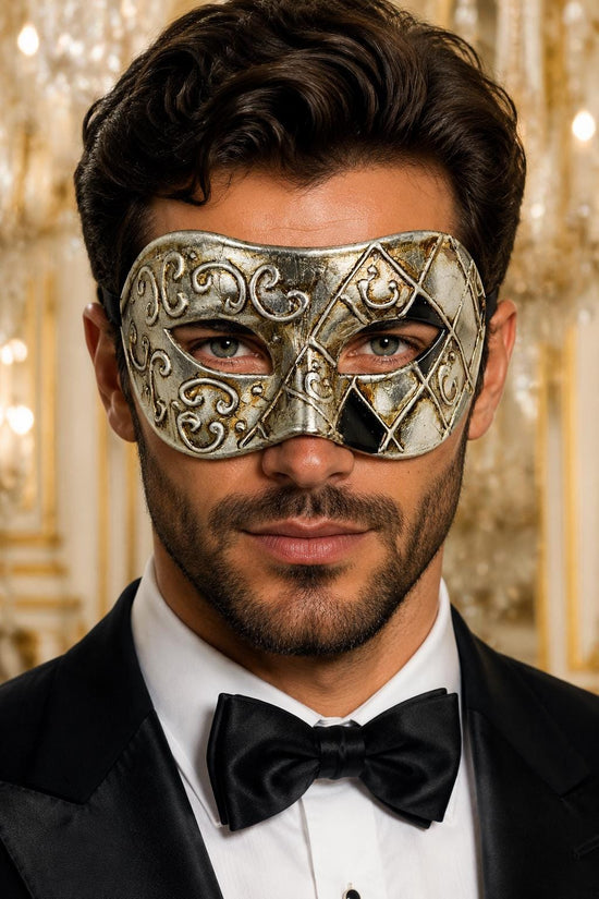 Antique Silver & Black Phantom Masquerade Mask for Men