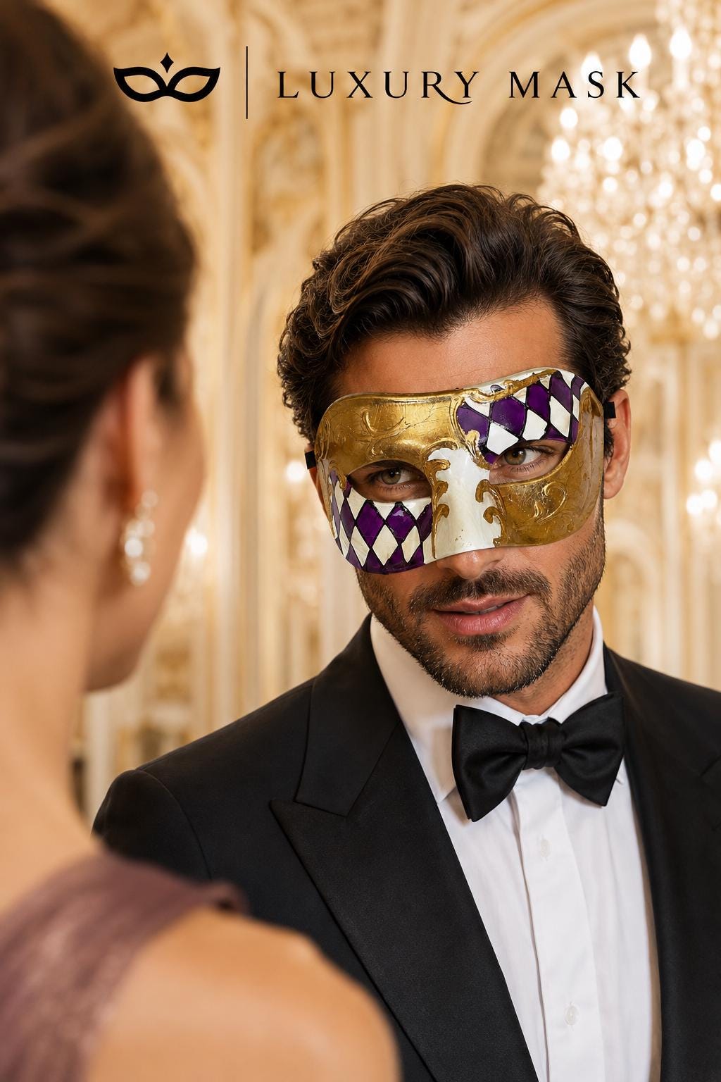 Purple & Gold Half Checkered Venetian Mask for Men