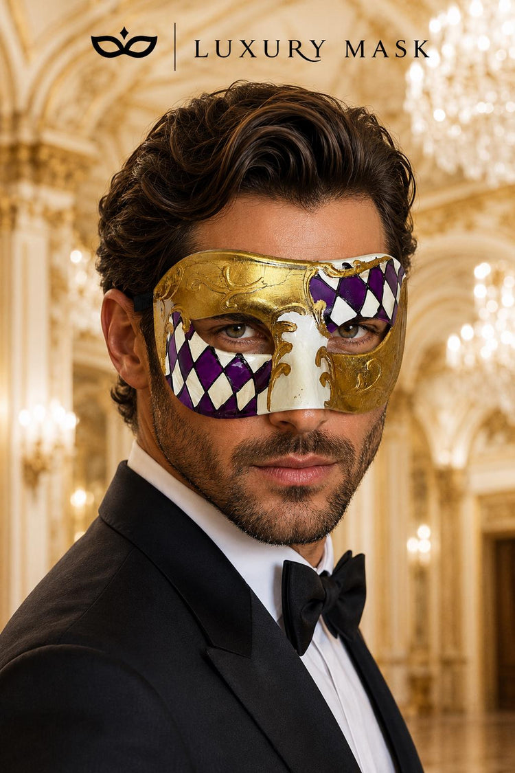 Purple & Gold Half Checkered Venetian Mask for Men
