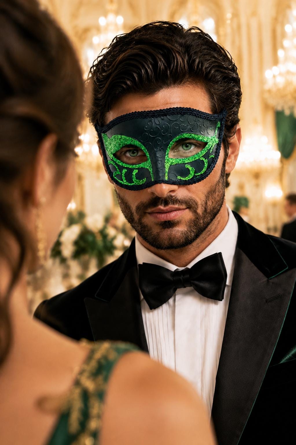 Black & Green Antique Venetian Masquerade Mask for Men