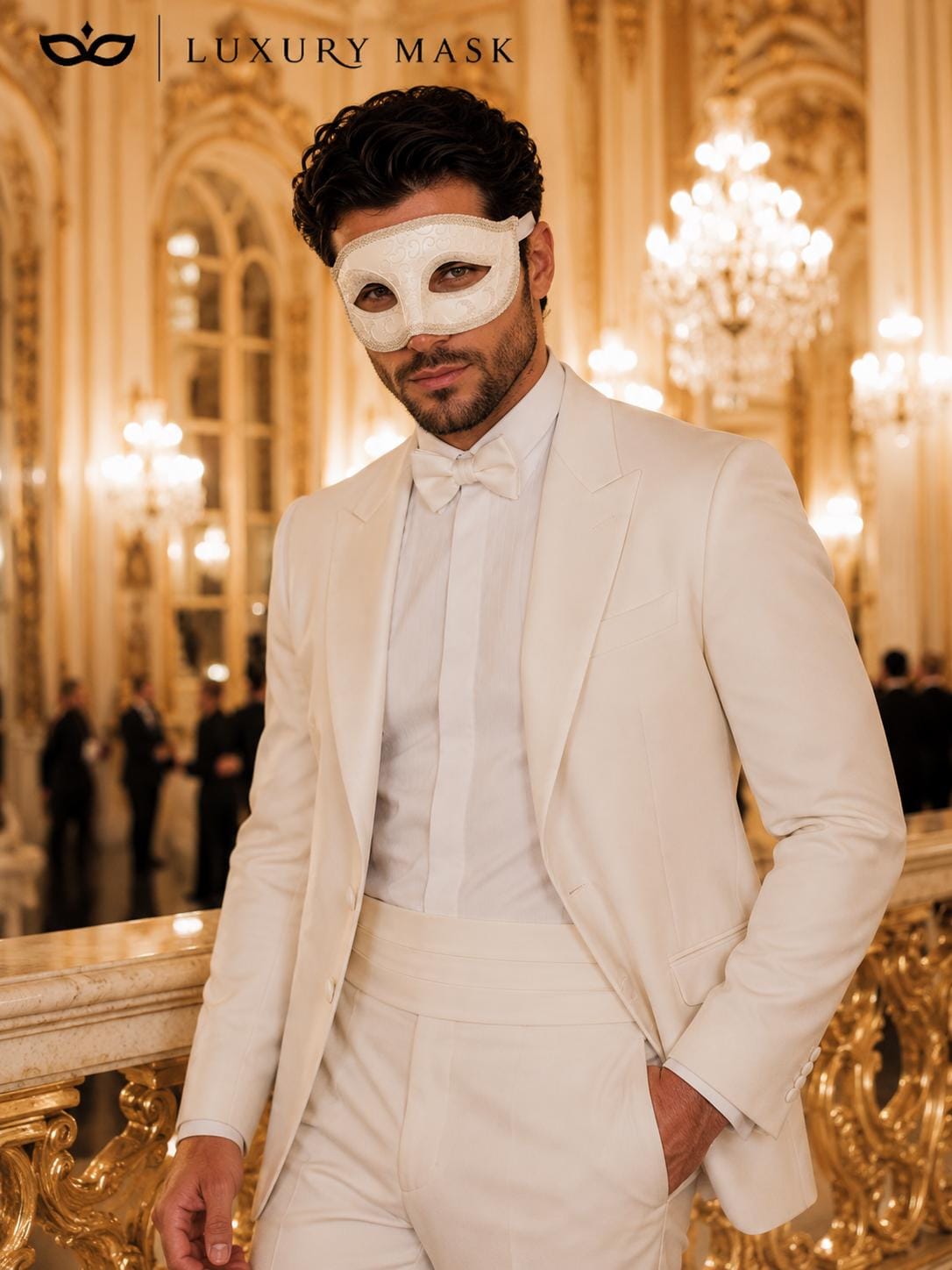 White Glitter Venetian Masquerade Mask for Men