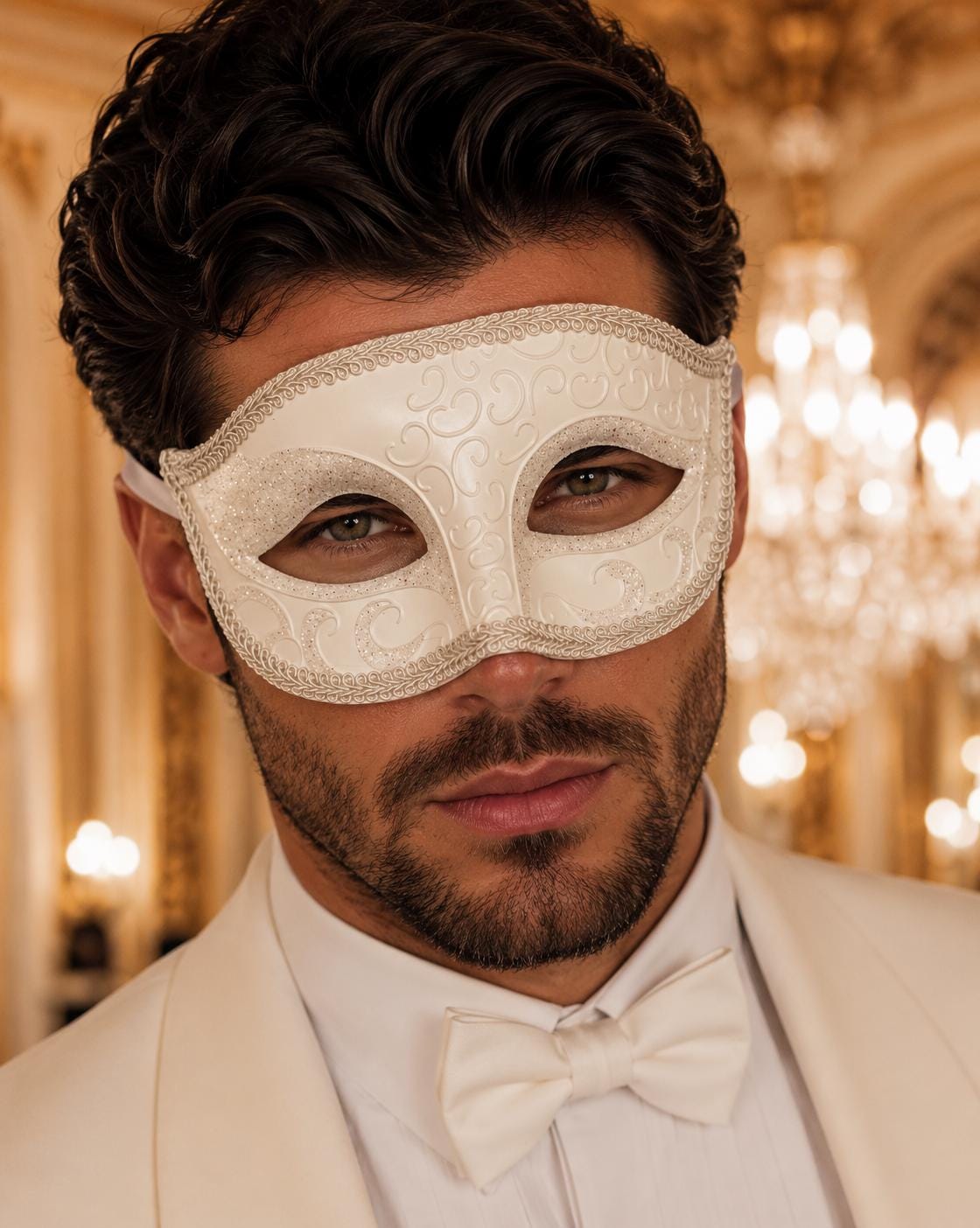 White Glitter Venetian Masquerade Mask for Men