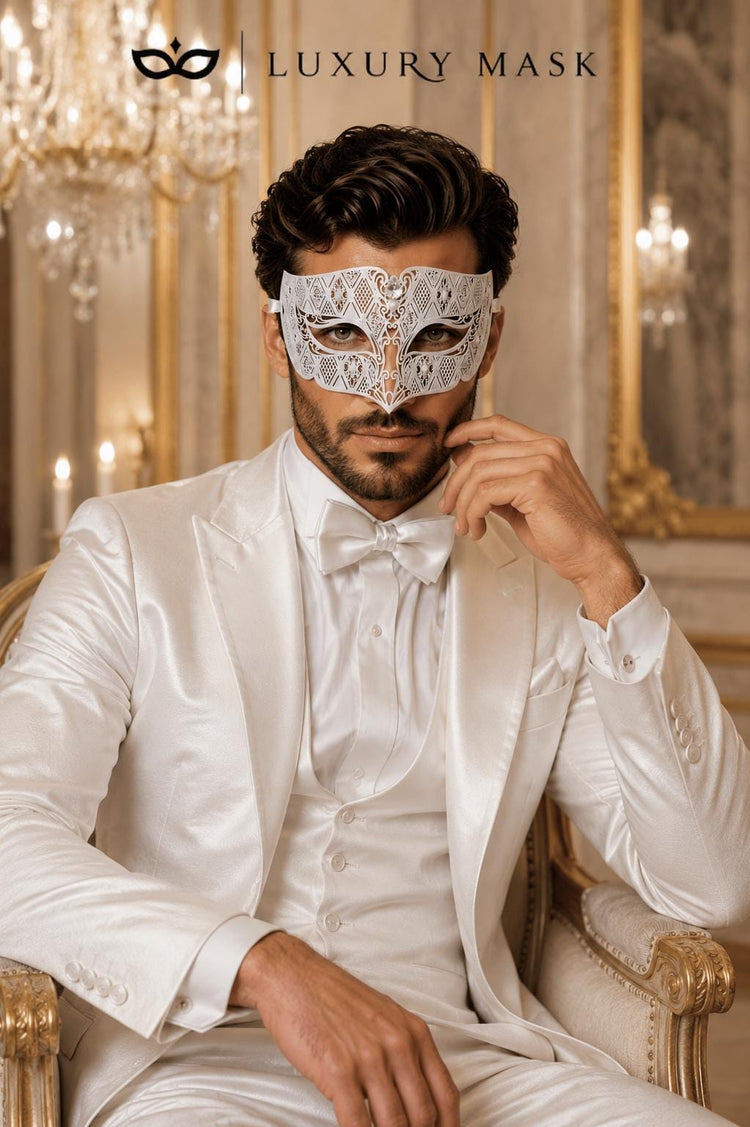 White Diamond Laser Cut Venetian Mask for Men with Clear Stones