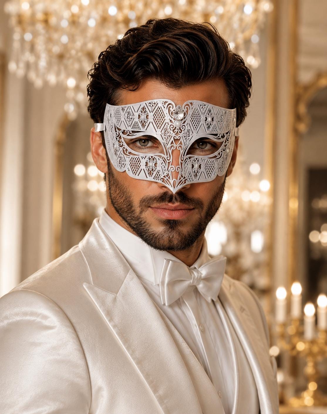 White Diamond Laser Cut Venetian Mask for Men with Clear Stones